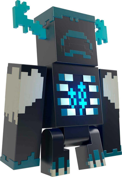 Mattel Minecraft Warden figure chest button activates lights and sounds for interactive play.