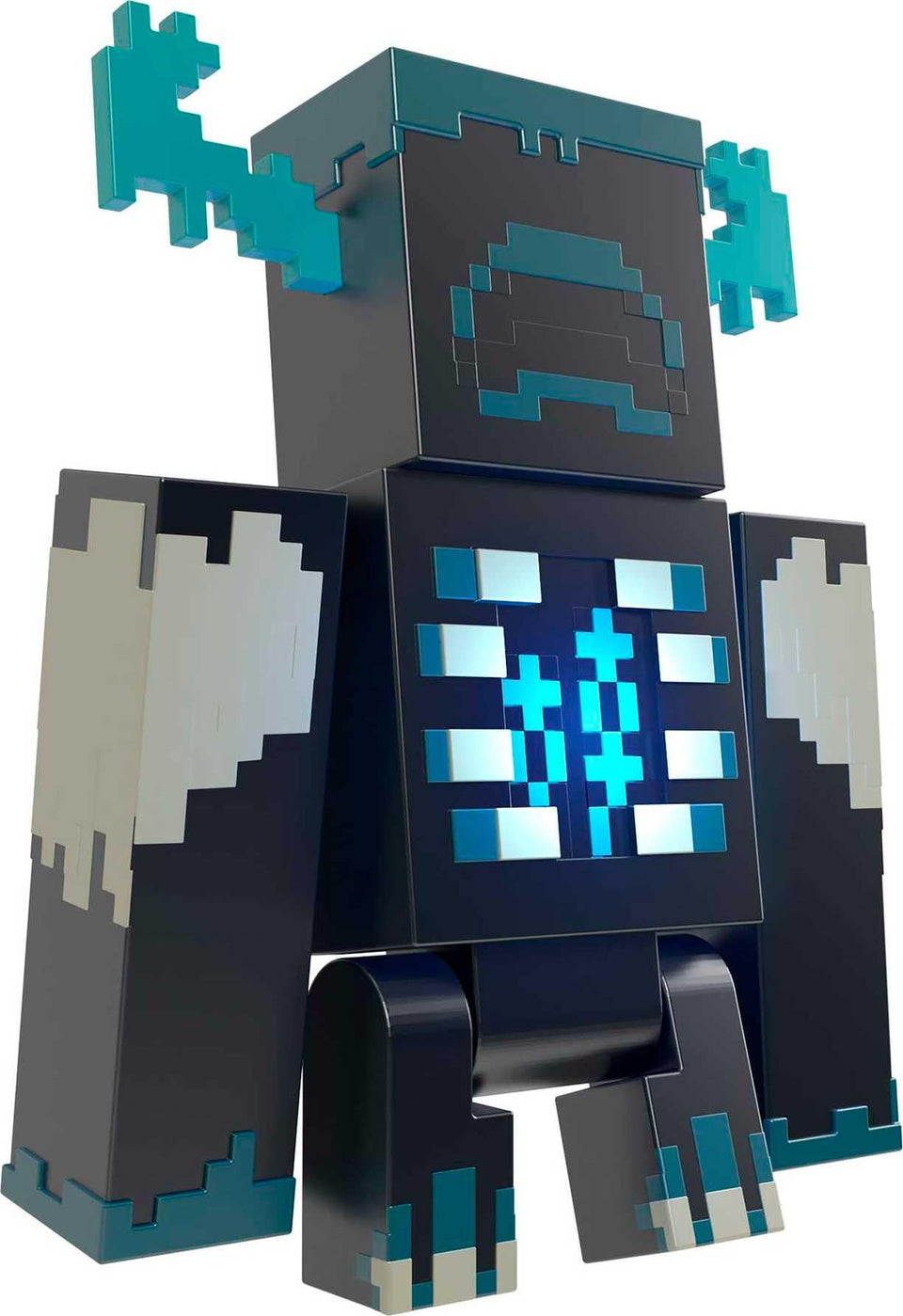 Mattel Minecraft Warden figure chest button activates lights and sounds for interactive play.