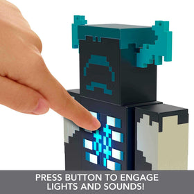 Mattel Minecraft Warden figure attack mode button for dramatic action moments.