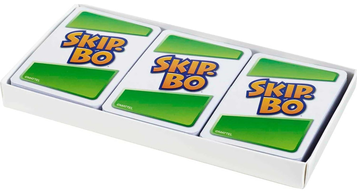 Mattel Skip-Bo game components laid out for easy setup