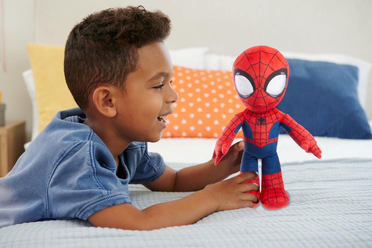 Mattel Spider-Man Plush Talkers chest-press action, hear 10 iconic sounds and phrases.