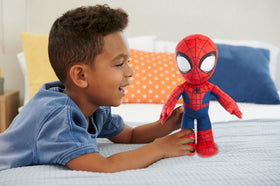 Mattel Spider-Man Plush Talkers chest-press action, hear 10 iconic sounds and phrases.