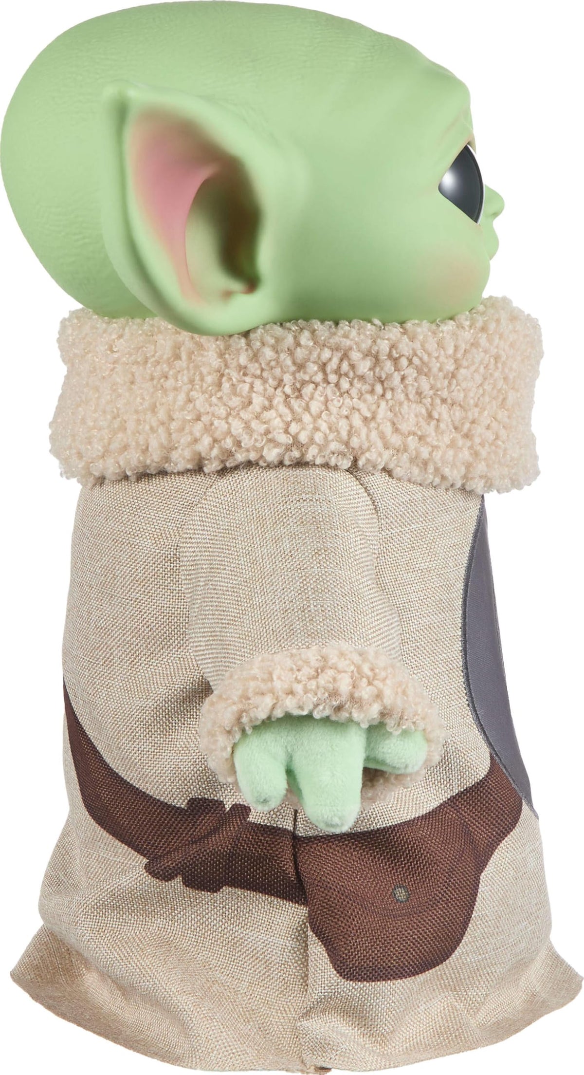 Mattel Grogu plush sits on a bean-filled base for stable display.
