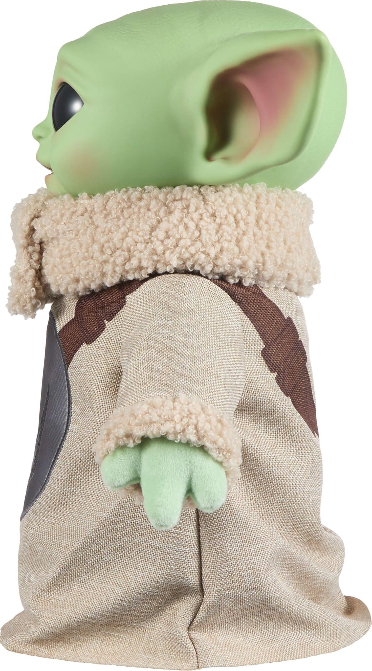 Mattel Grogu plush features vinyl head and soft body for tactile appeal.