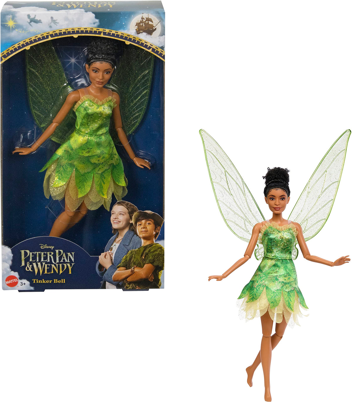 Mattel Tinker Bell doll in green outfit with glitter wings for imaginative play.
