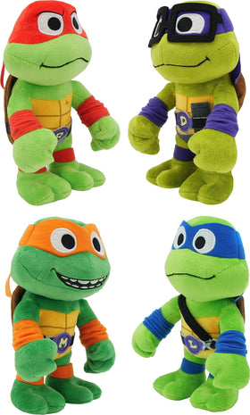 Mattel TMNT Mutant Mayhem plush pack closeup shows the four heroes for display and gifting.