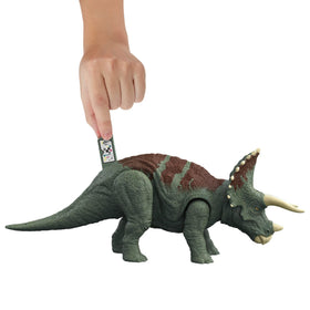 Mattel Triceratops AR experience unlocks digital adventures via Jurassic World Facts app.