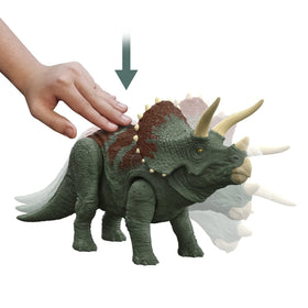 Mattel Triceratops head-butt action enables interactive dinosaur combat play.