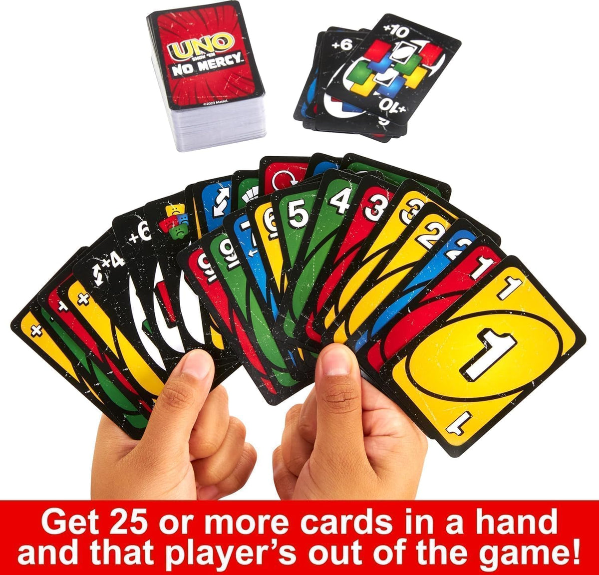 Two-card moment from Mattel Uno No Mercy emphasizes Uno call when down to two