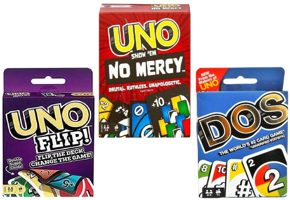 Mattel Uno No Mercy front-of-pack reveals three games for social gatherings