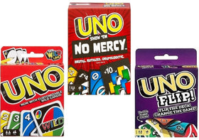 Mattel Uno No Mercy pack front displays three games in one box