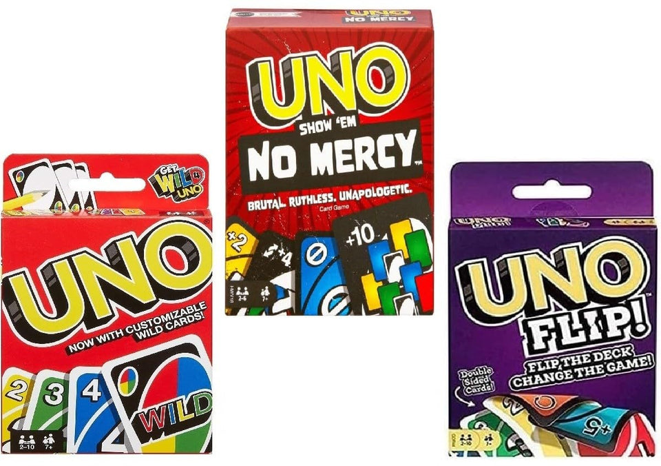 Mattel Uno No Mercy pack front displays three games in one box