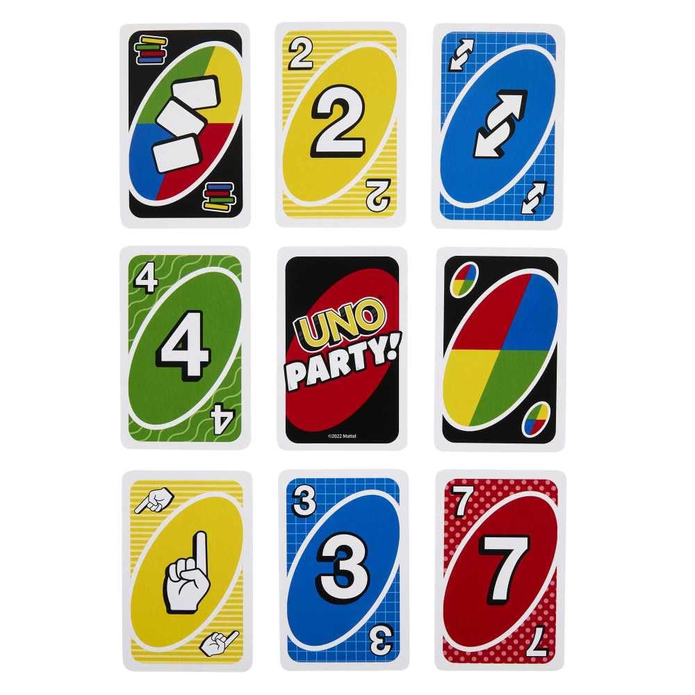 Mattel UNO Party Card Game deck close-up highlights colorful cards.