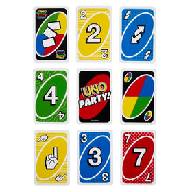 Mattel UNO Party Card Game deck close-up highlights colorful cards.