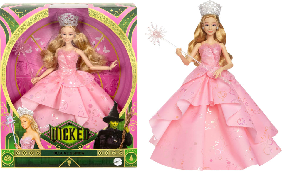 Mattel Wicked Glinda doll with crown highlights regal styling for imaginative play