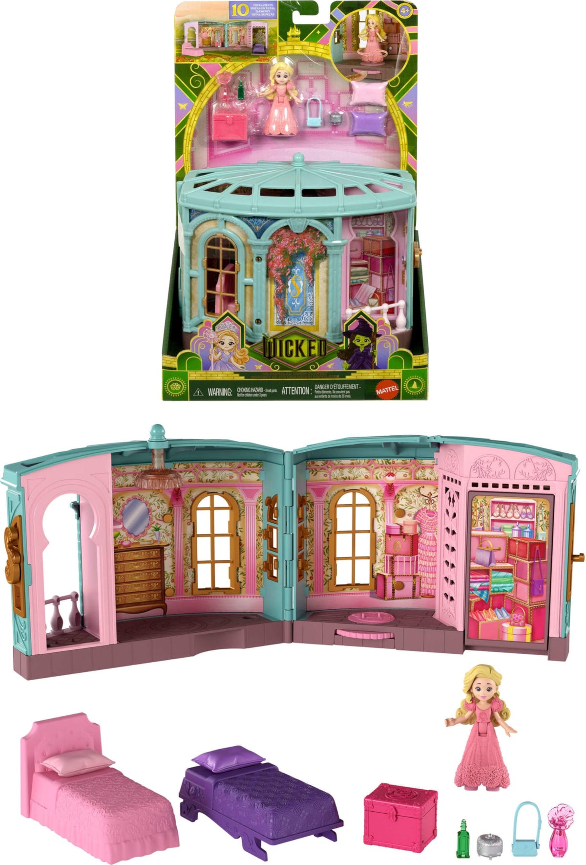 Mattel Wicked dorm playset: Glinda doll swinging from the chandelier for imaginative scenes.