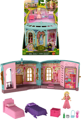 Mattel Wicked dorm playset: Glinda doll swinging from the chandelier for imaginative scenes.