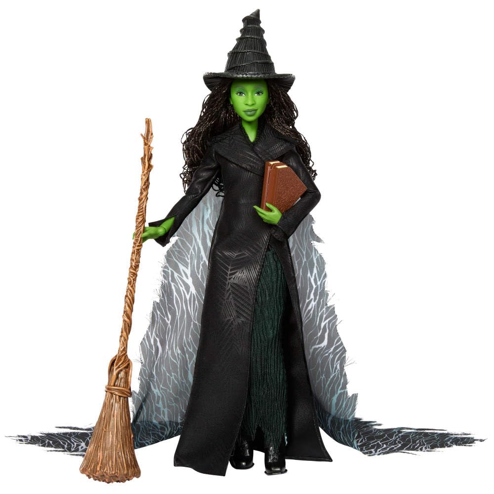 Broom accessory paired with Elphaba's iconic look for playtime.