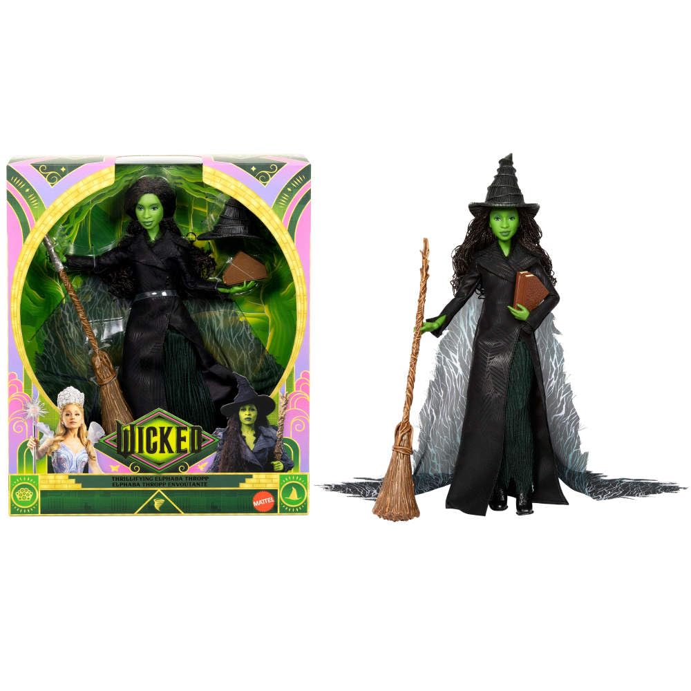 Mattel Wicked Elphaba doll wearing authentic movie gown for display.