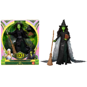 Mattel Wicked Elphaba doll wearing authentic movie gown for display.