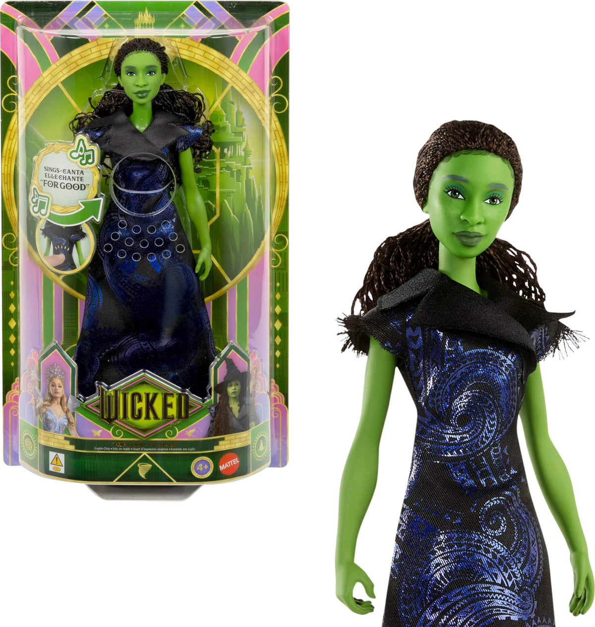 Mattel Wicked Elphaba doll wearing the true-to-movie dress for immersive play.