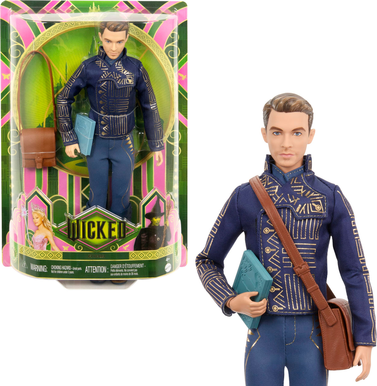 Mattel Wicked Fiyero fashion doll in removable school uniform for imaginative storytelling.