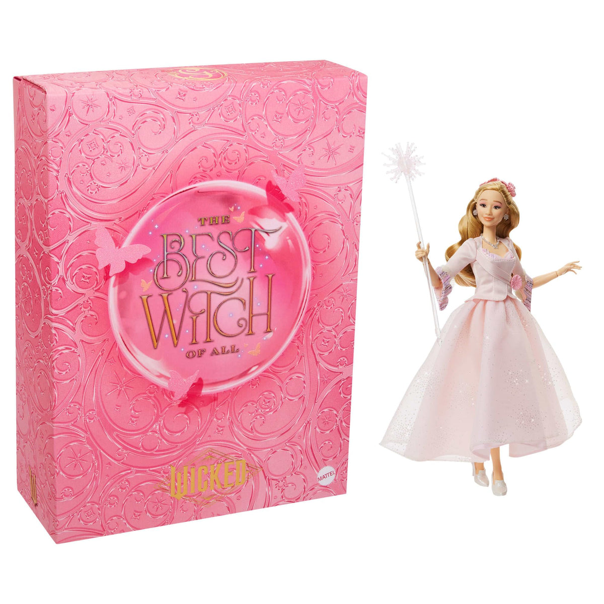 Mattel Wicked Glinda bubble doll packaging; ideal for premium display and gifting.
