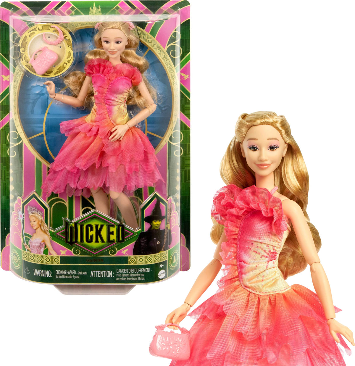 Mattel Wicked Glinda doll with blonde hair, ready for stylish play and display.
