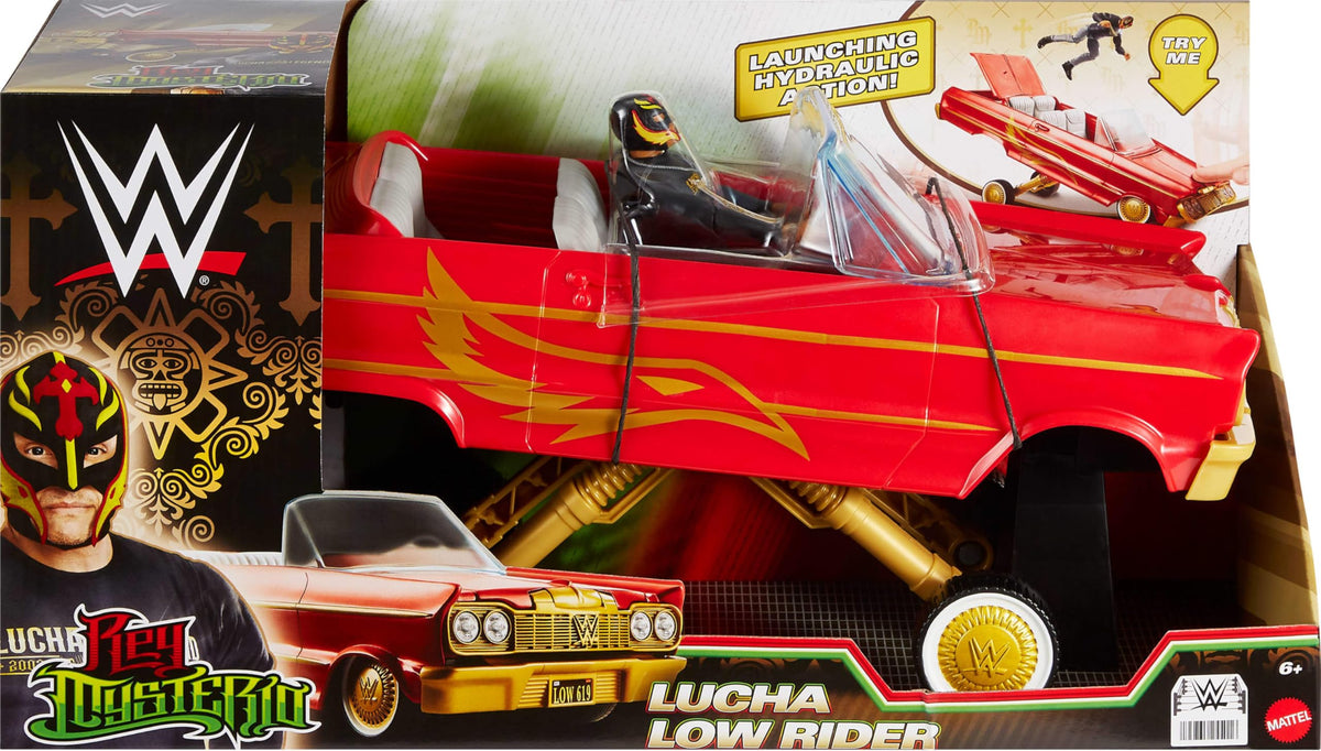 Mattel WWE Amazon Exclusive packaging highlights the included figure and vehicle.