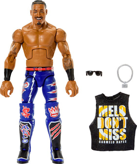 WWE Mattel Carmelo Hayes Elite figure front view for dynamic posing and display.