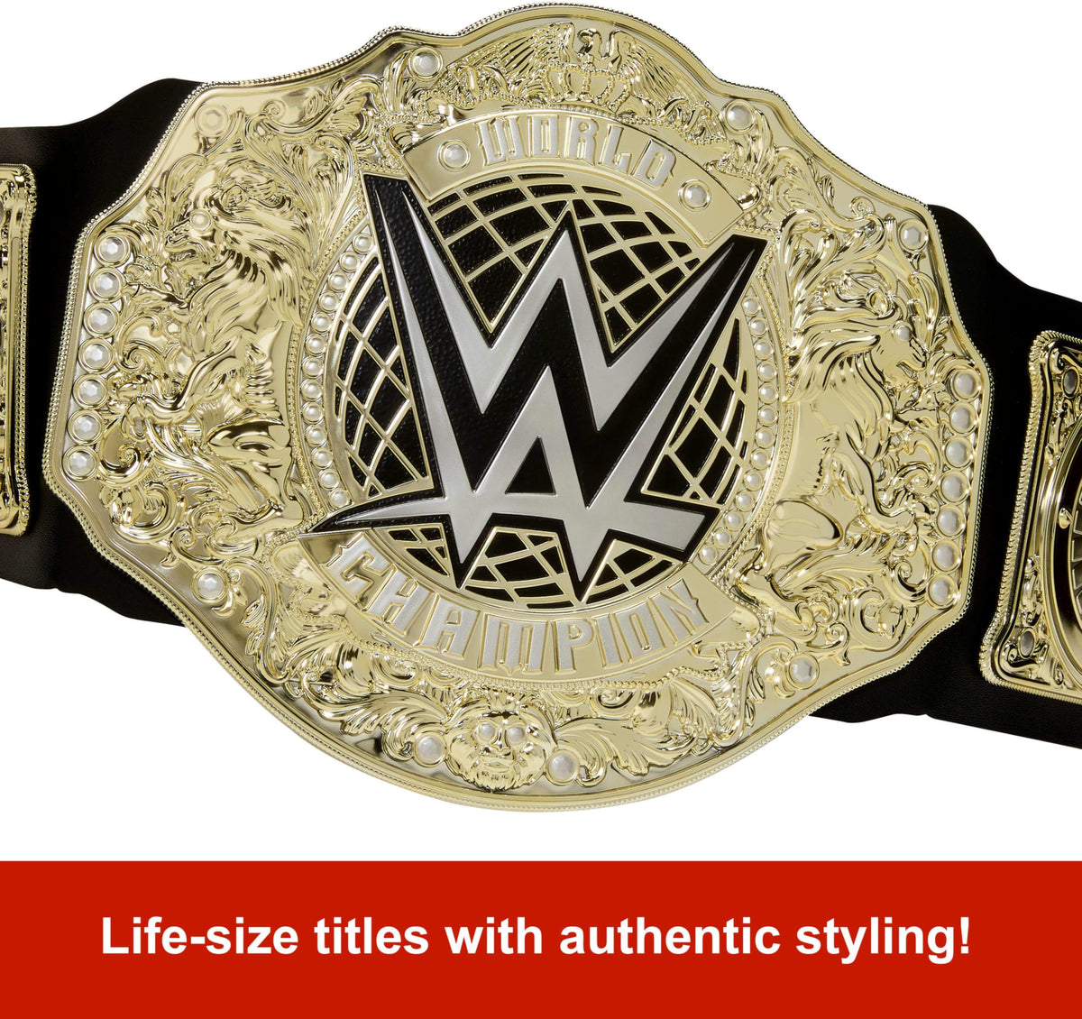 Mattel WWE Championship Title belt strap close-up highlights leather-like texture