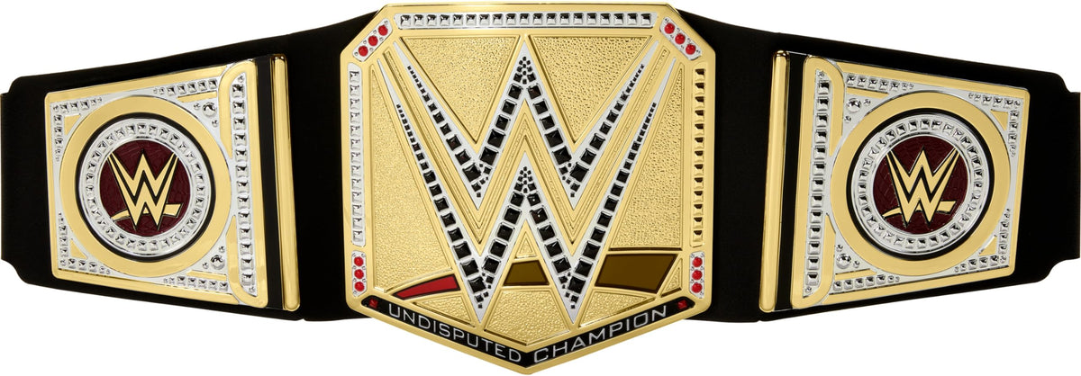 Mattel WWE Championship Title belt with leather-like finish for immersive role-play.