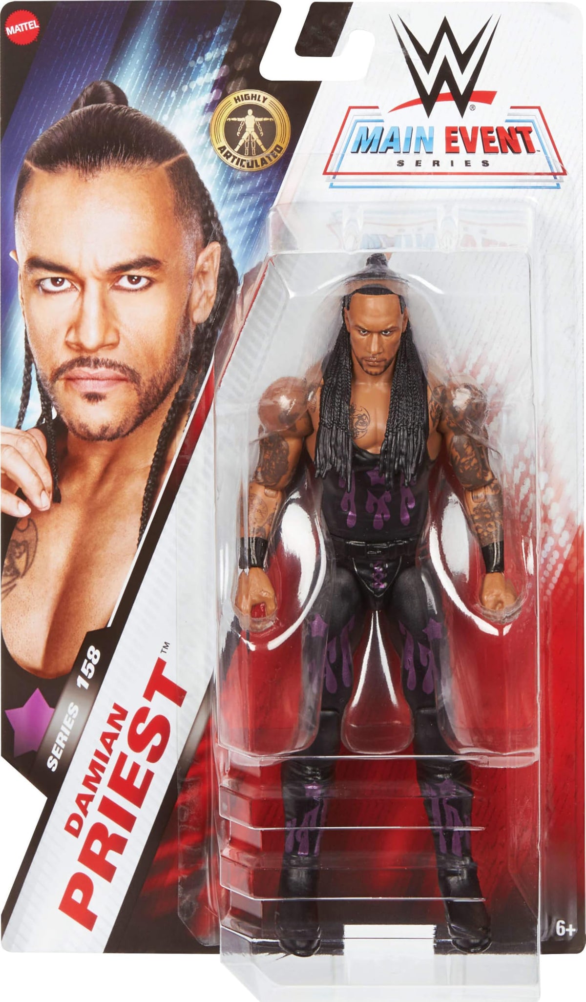 Mattel WWE Damian Priest figure showcasing 14 articulation points for dynamic posing.