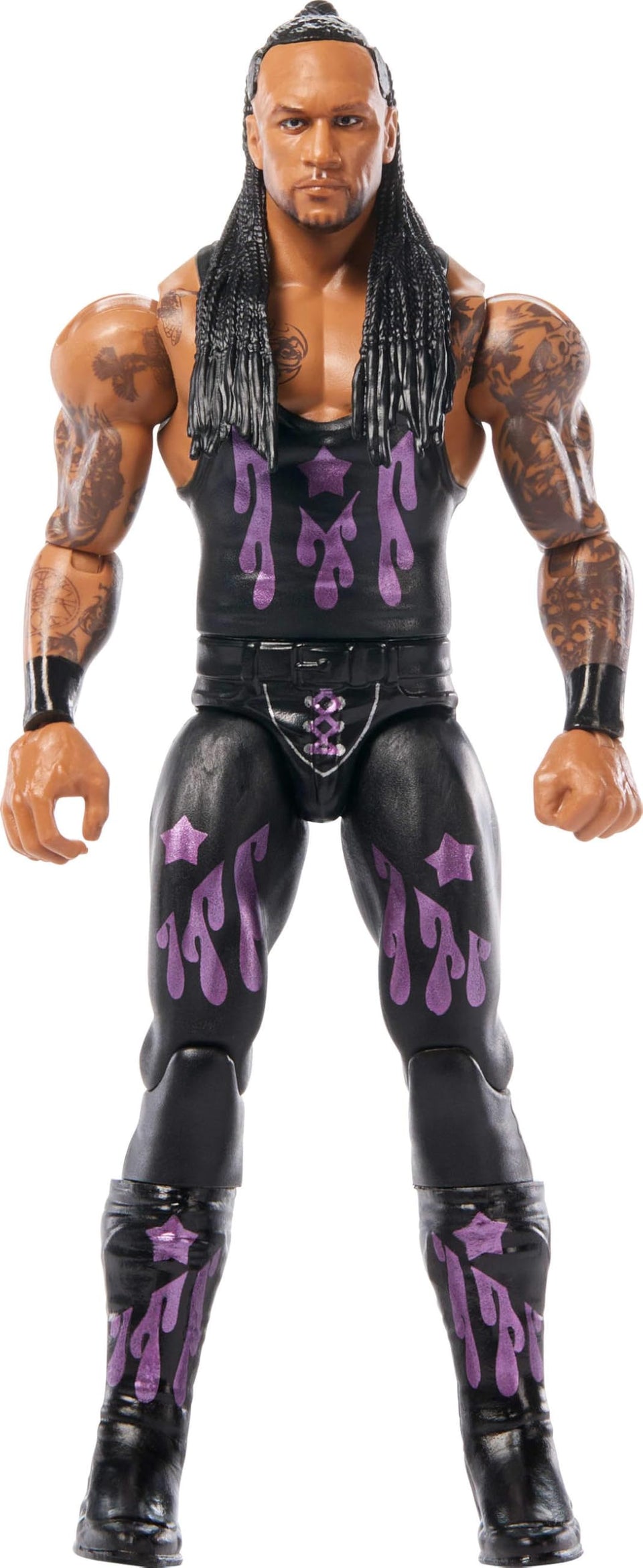 Mattel WWE Damian Priest action figure front view with detailed TrueFX likeness for collectors.