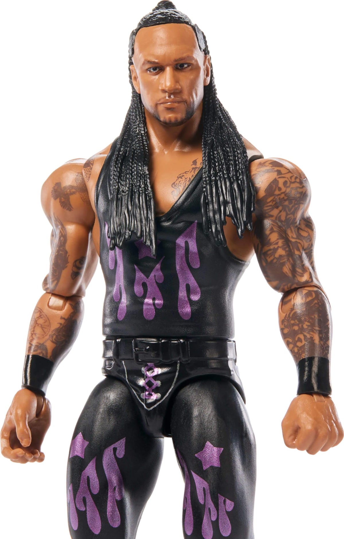 Mattel WWE Damian Priest ring gear detail emphasizes authentic superstar presentation.