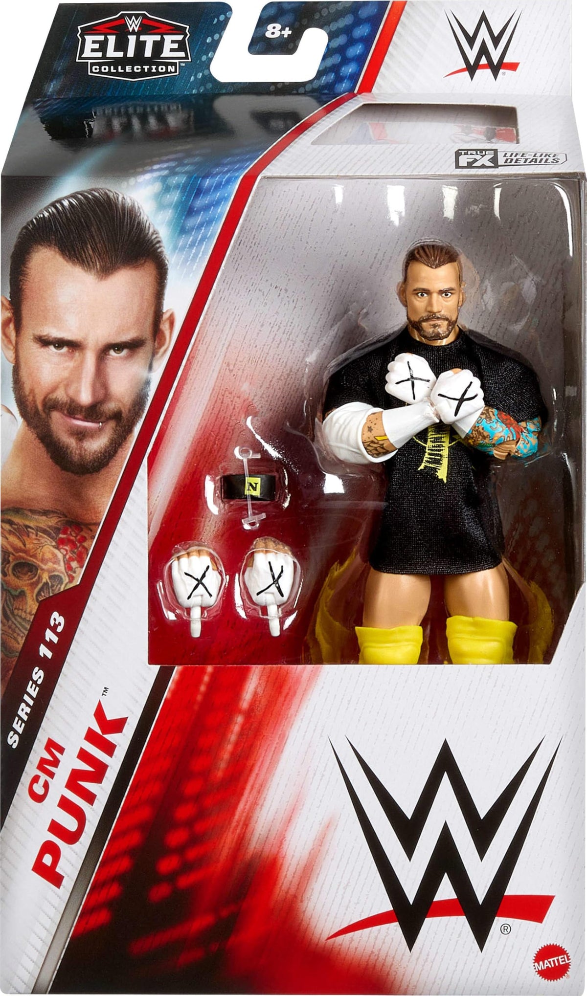 CM Punk figure with 25 articulation points for dynamic poses in the Mattel WWE Elite line.