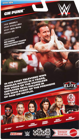 Display-ready Mattel WWE Elite CM Punk in action pose