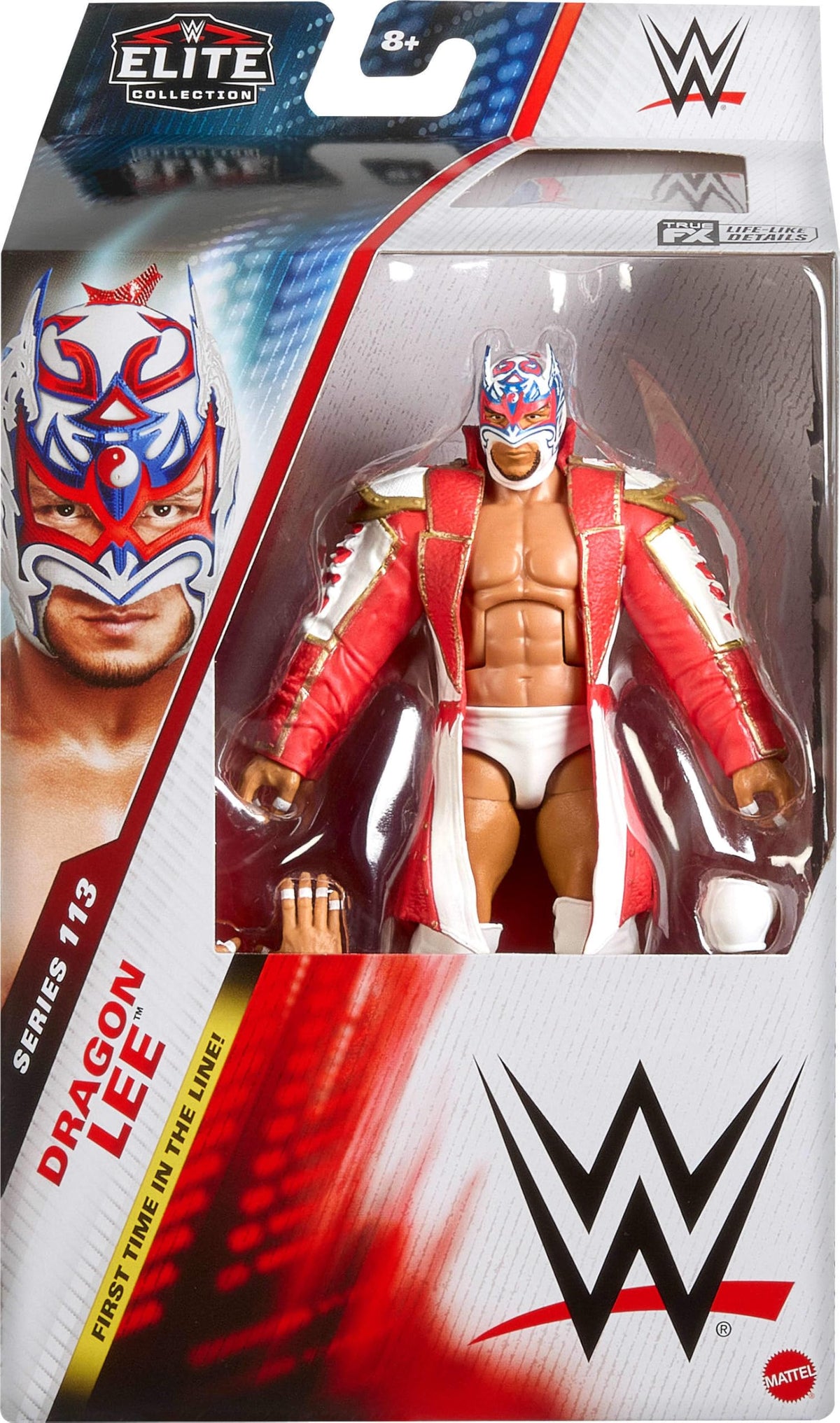 Mattel WWE Elite Dragon Lee figure in dynamic pose, showcasing articulation.
