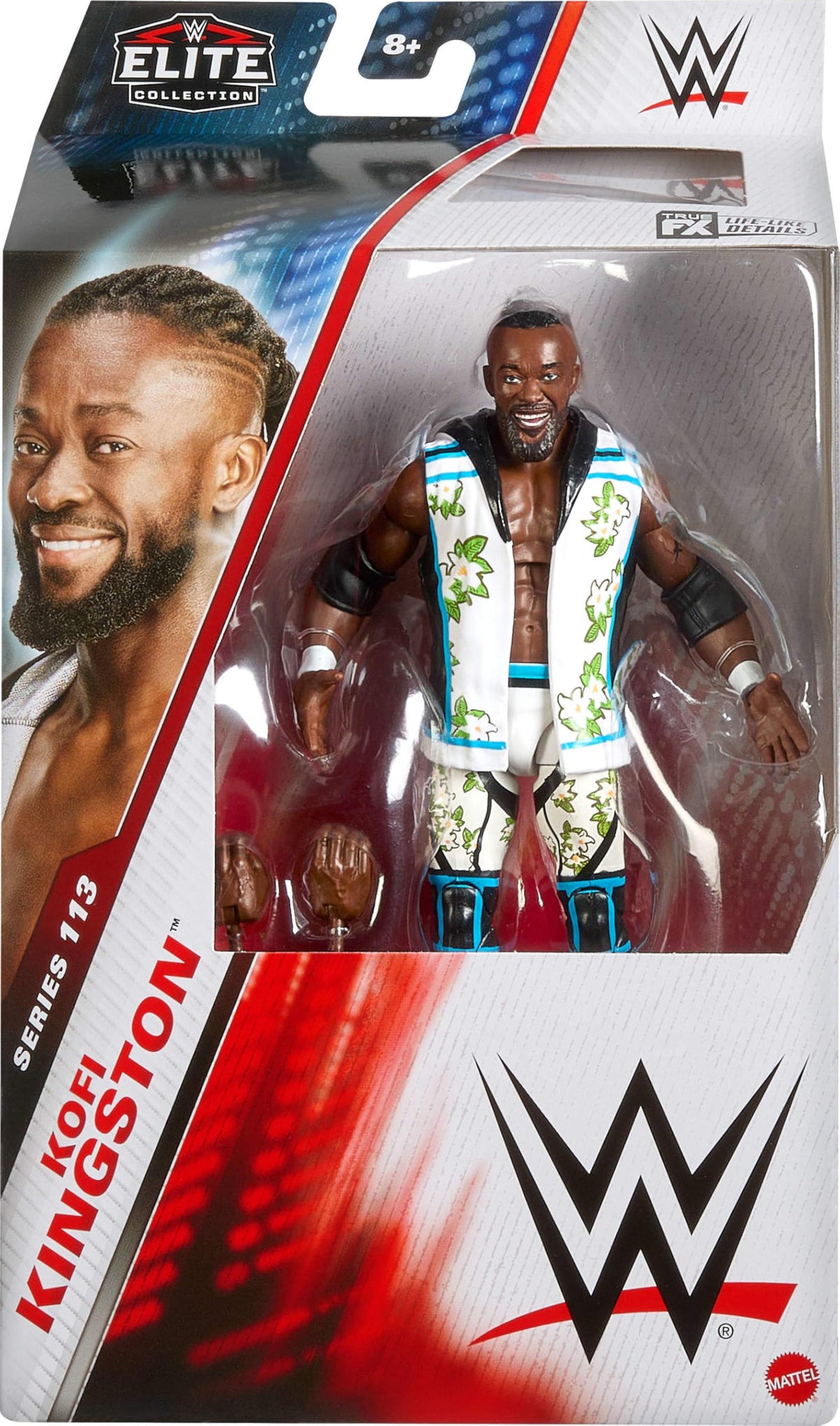 Mattel WWE Elite Kofi Kingston figure with 25 articulation points for dynamic posing.