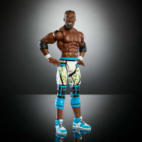 Mattel WWE Elite Kofi Kingston figure with iconic accessories for authentic ring play.