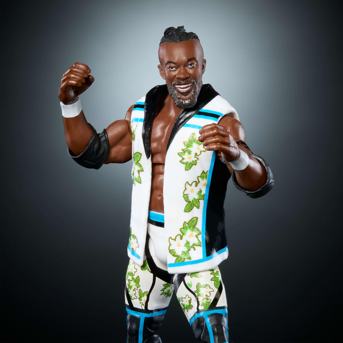 Mattel WWE Elite Kofi Kingston figure with swappable hands for versatile action poses.