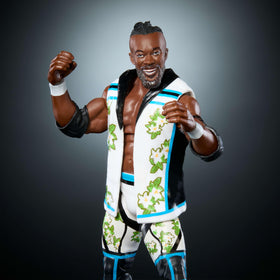 Mattel WWE Elite Kofi Kingston figure with swappable hands for versatile action poses.