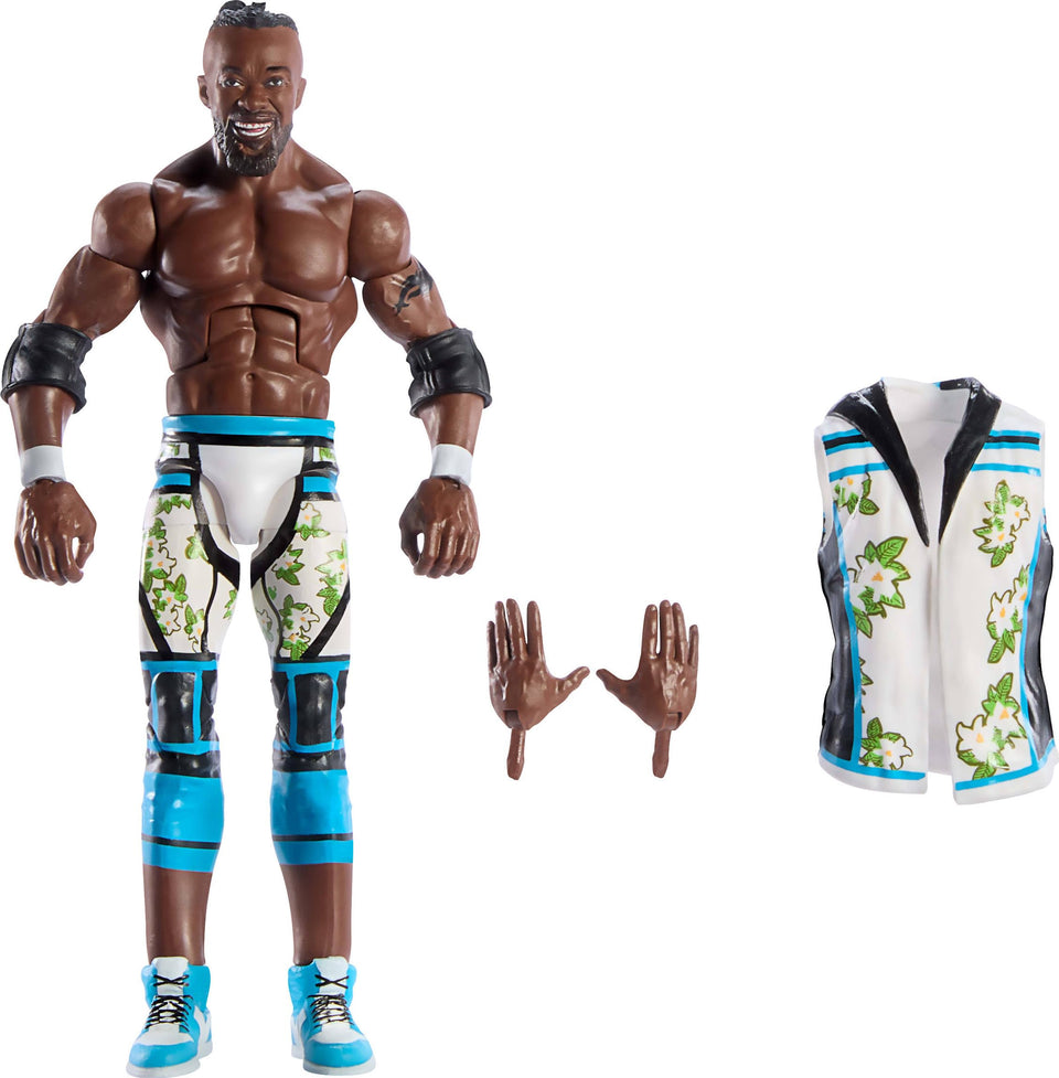 Mattel WWE Elite Kofi Kingston figure with TrueFX detailing for realistic display.