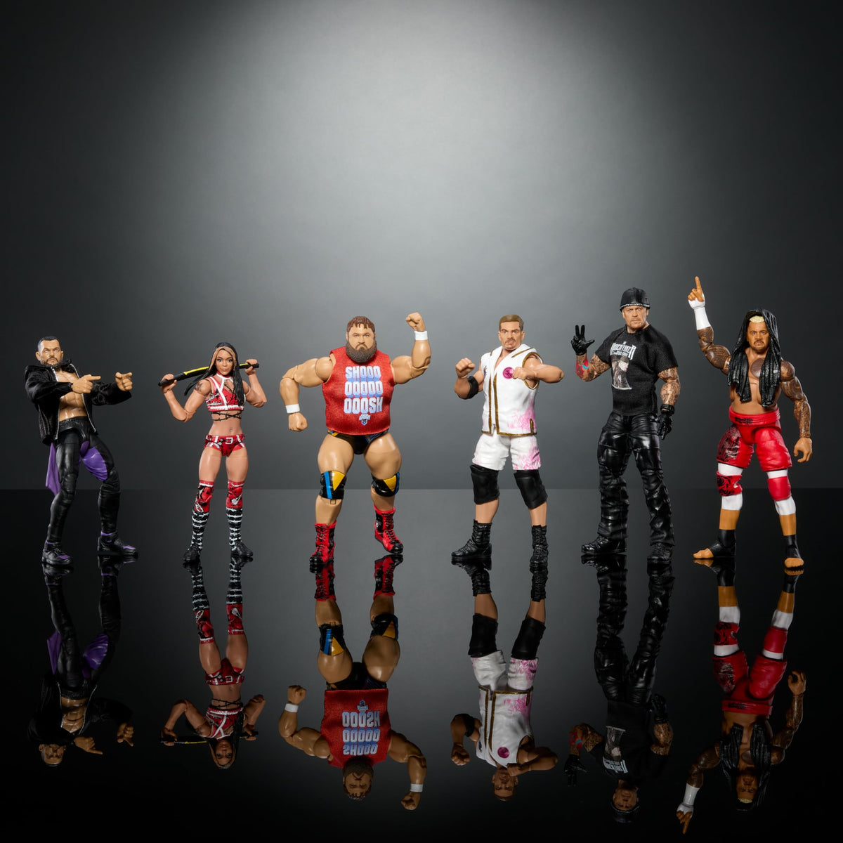Mattel WWE Elite Finn Balor collection pose for RAW, SmackDown, and NXT fans