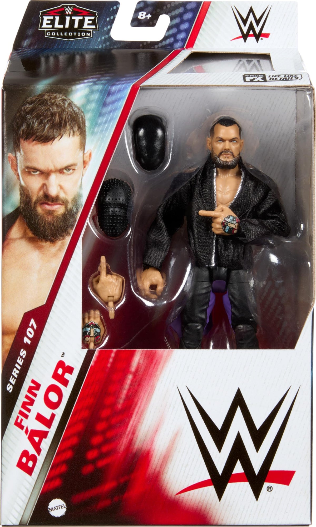 Mattel WWE Elite Finn Balor figure in articulation pose highlighting dynamic range