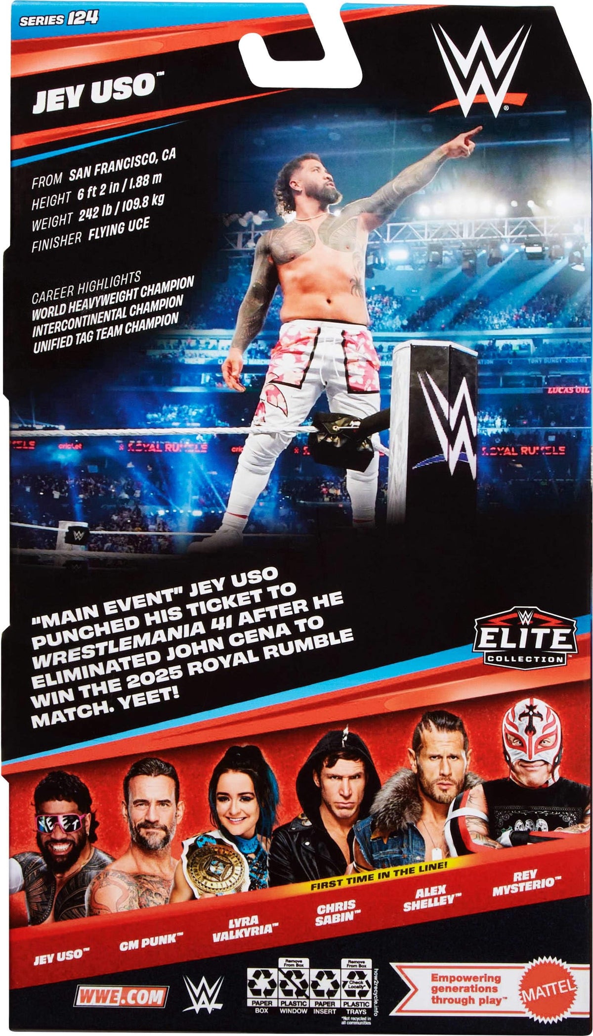 Mattel WWE Elite Jey Uso figure designed for collectors to curate authentic ring moments.
