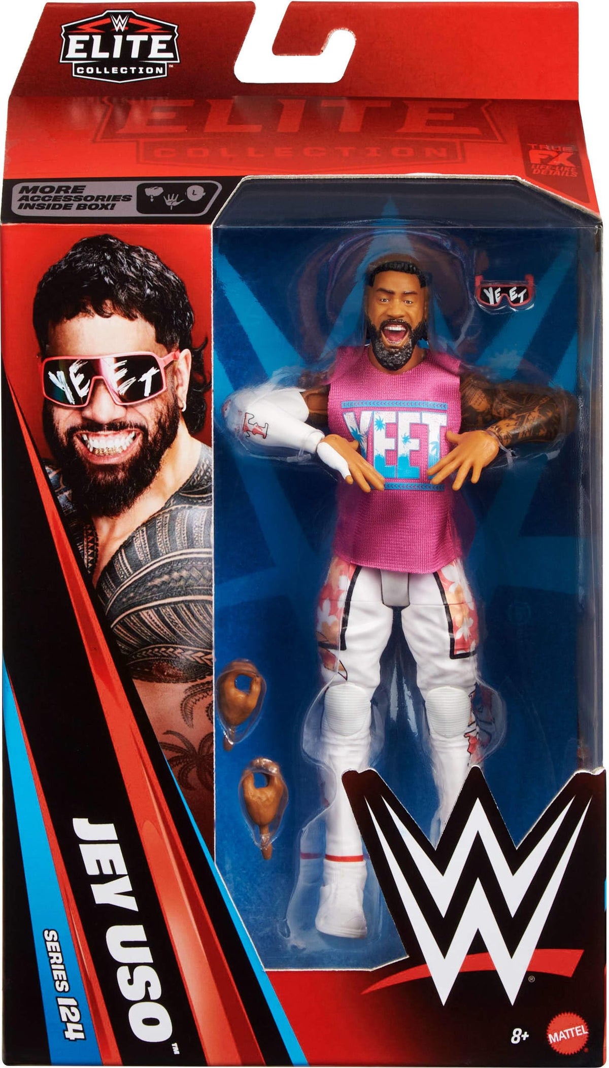 Mattel WWE Elite Jey Uso, TrueFX facial detailing for lifelike expressions.