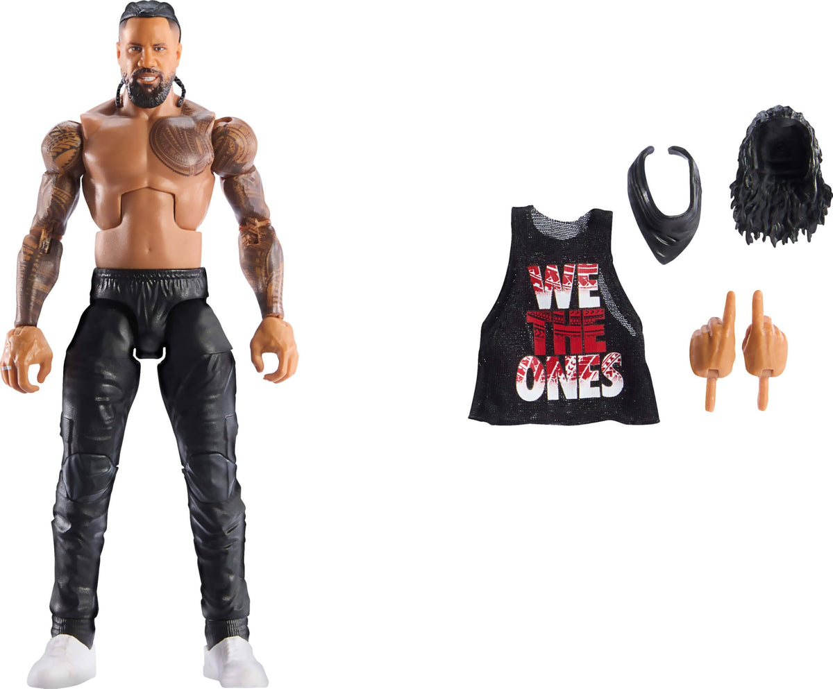 Mattel WWE Elite Jimmy Uso front view highlighting 25 articulation points for dynamic posing