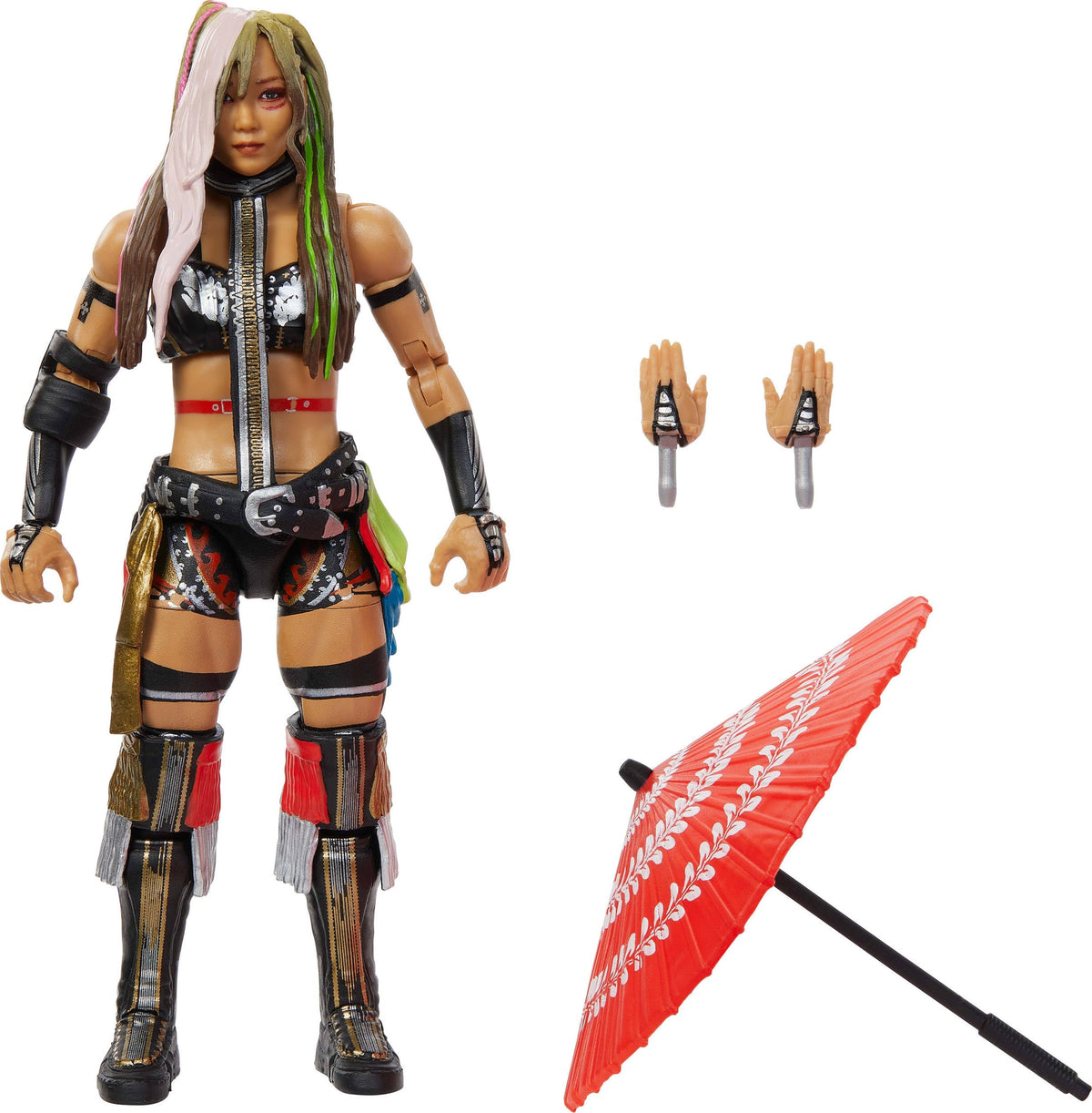 Mattel WWE Elite Kairi Sane figure front view showing TrueFX details for display