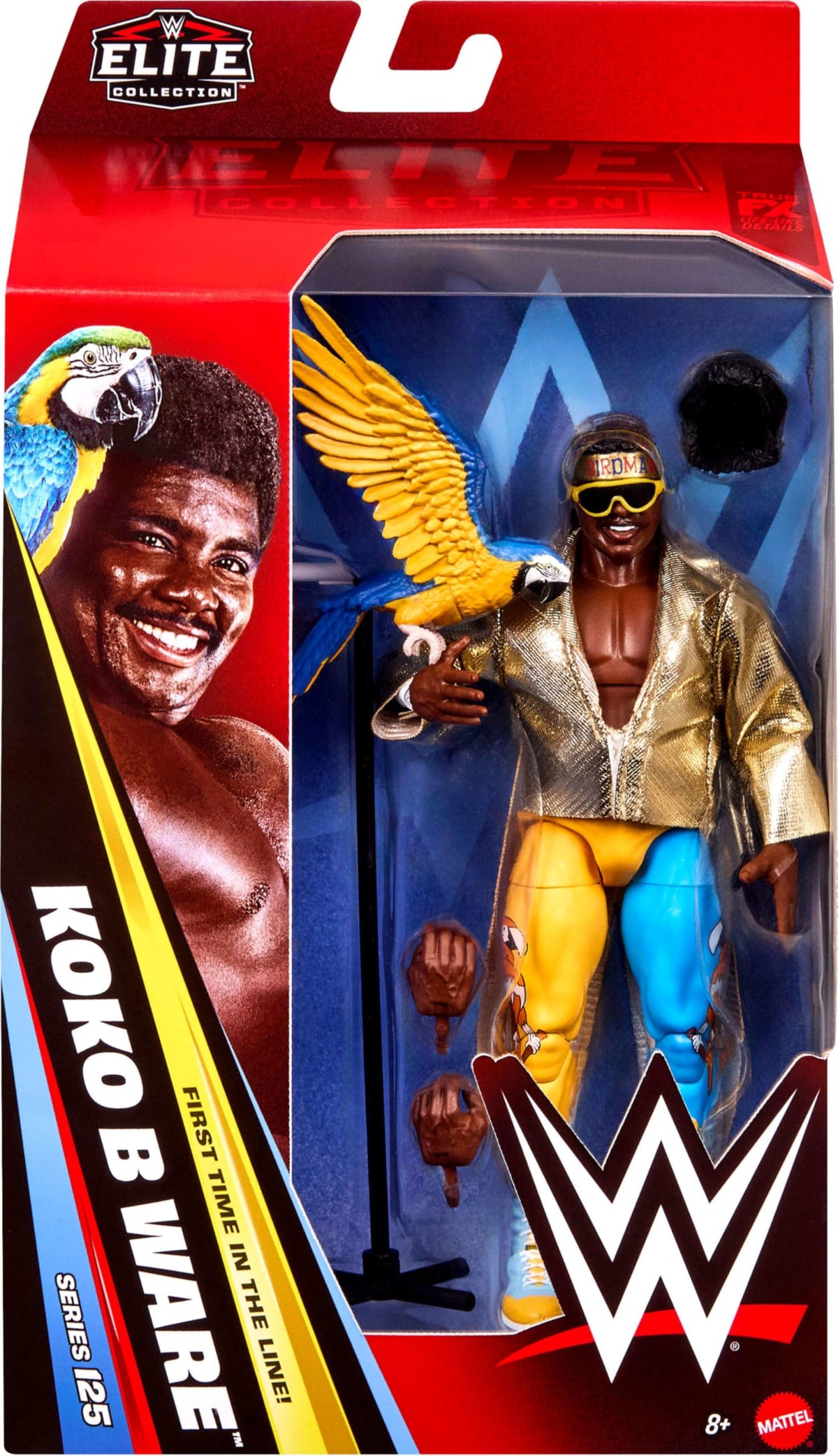 Mattel WWE Elite Koko B. Ware figure articulation pose highlighting 25 points for dynamic play